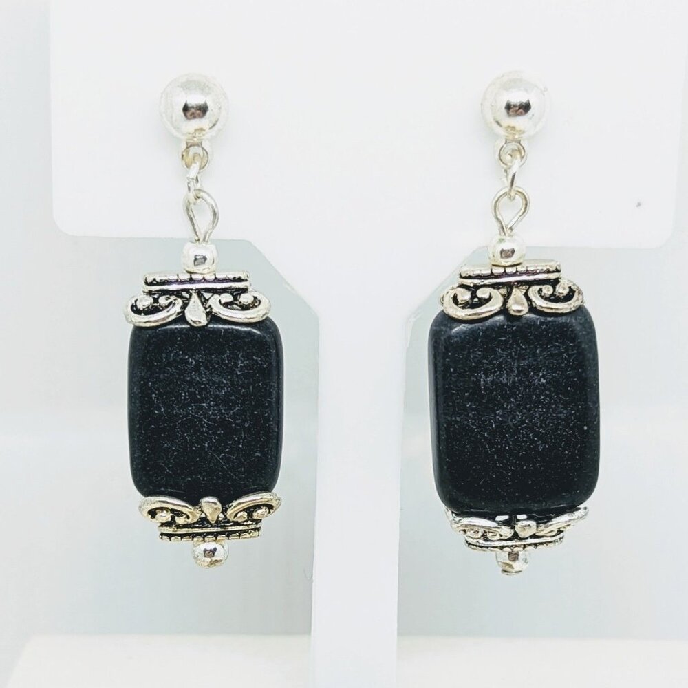 Artisan Black Stone Silver Filigree Dangle Earrings